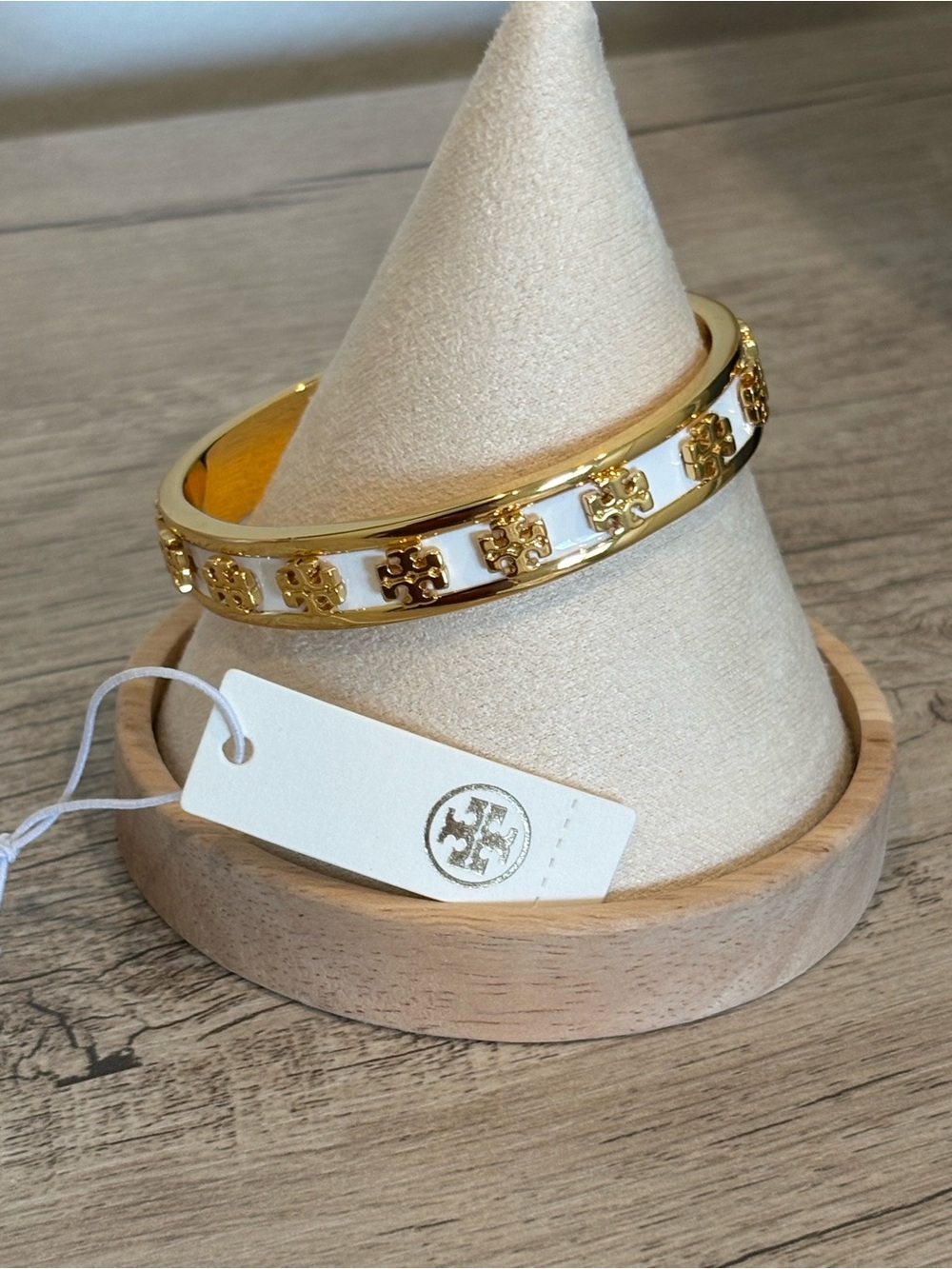 Tory Burch Gold and White Enamel Logo Bangle Bracelet